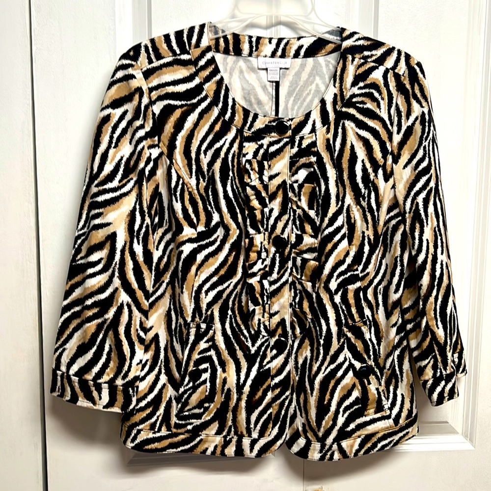 Charter Club Zebra Print Mid Sleeve Cotton Stretch Pocket Light Jacket Size S